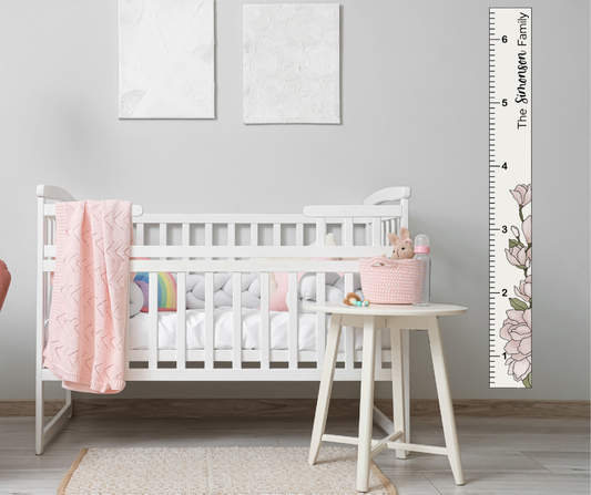 3D Raised Floral Growth Chart Ruler - Personalized Last Name Measuring Stick - 6' x 12" Wood Nursery Decor