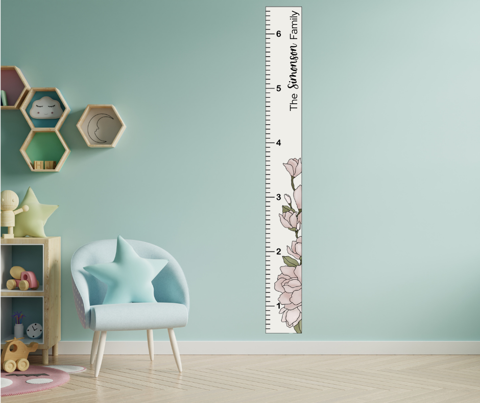 3D Raised Floral Growth Chart Ruler - Personalized Last Name Measuring Stick - 6' x 12" Wood Nursery Decor