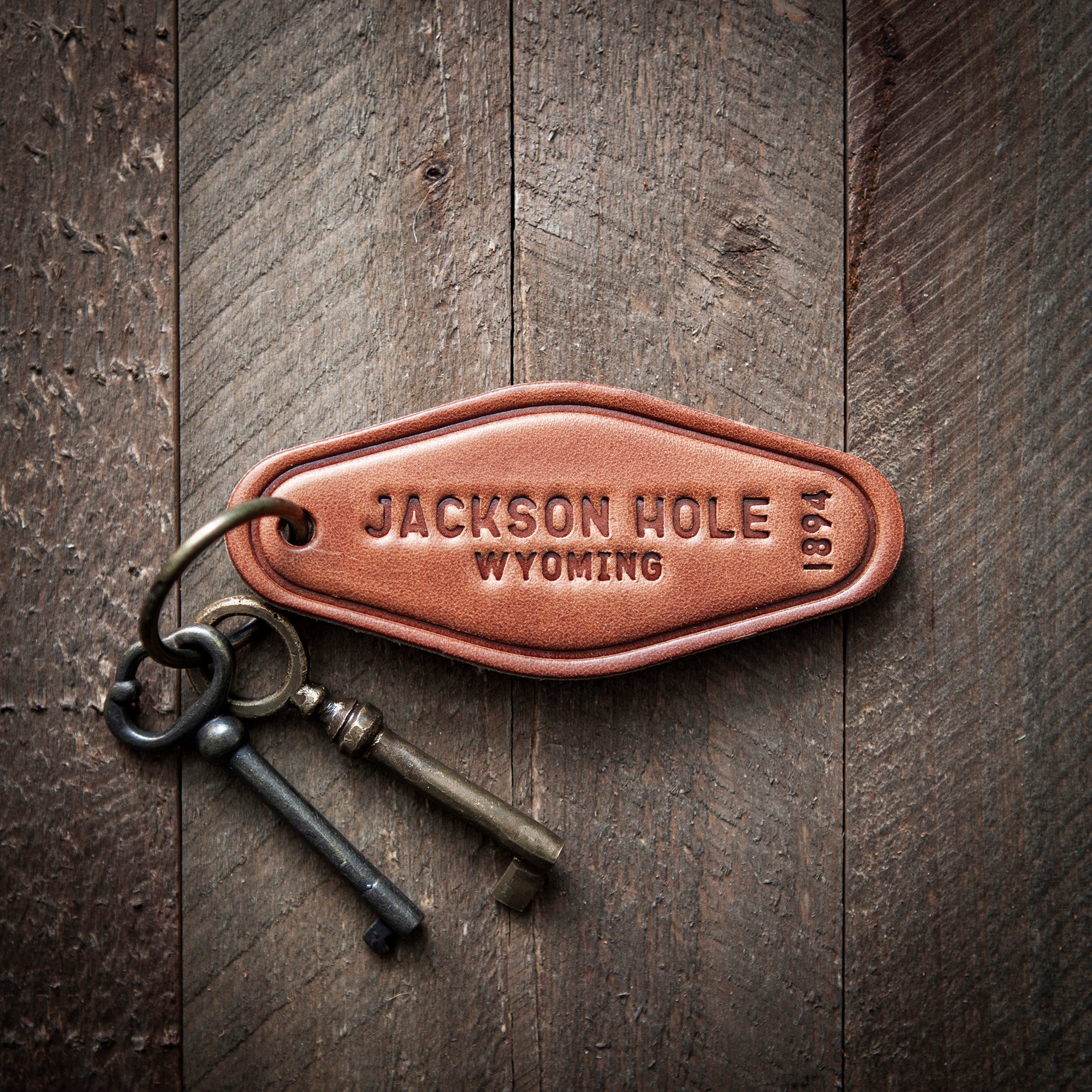 Jackson Hole Wyoming Leather Keychain Motel Style