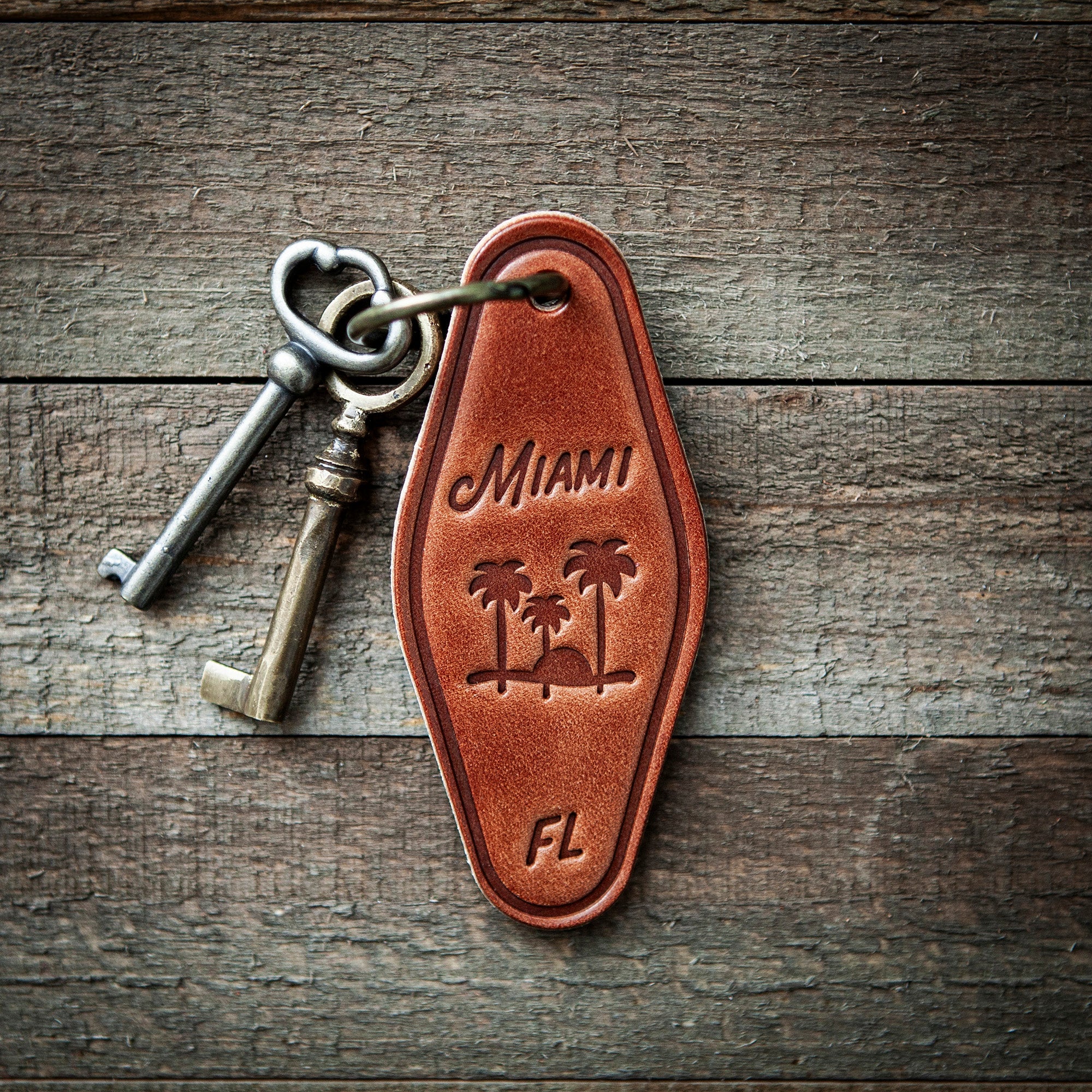 Miami Florida Leather Keychain Motel Style