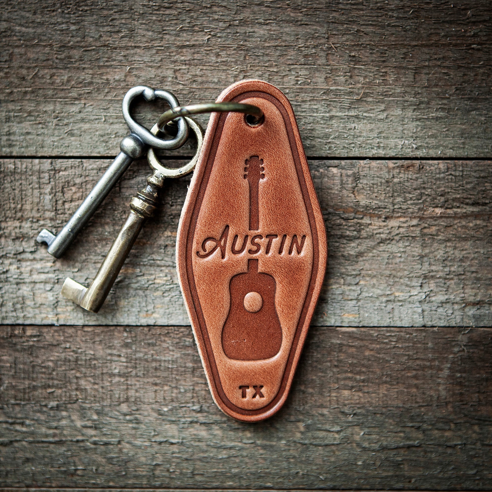 Austin Texas Guitar Leather Keychain Motel Style