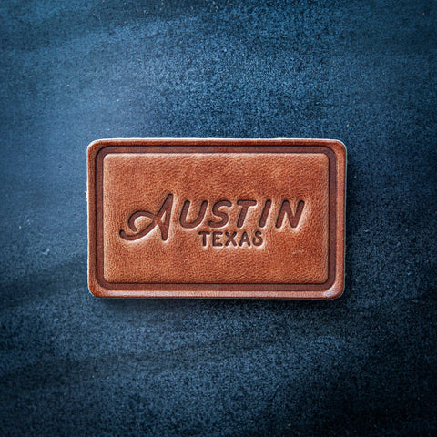 Austin Texas Script Leather Magnet Block Style