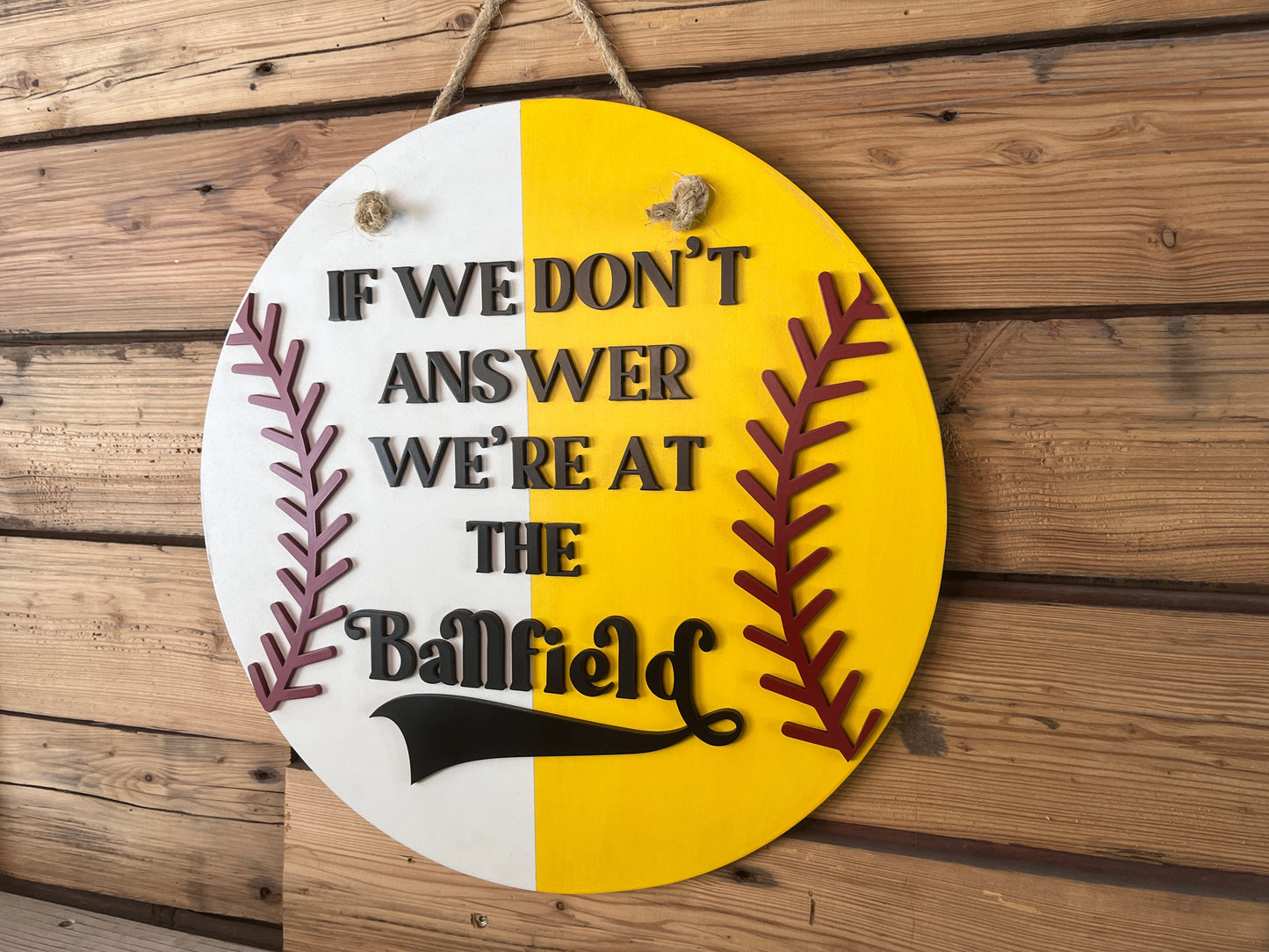 DIY SIGN KIT | If We Don't Answer We're At the Ballfield Front Door Sign | Round Porch Door Hanger Sign | Half Baseball Half Softball Porch Sign