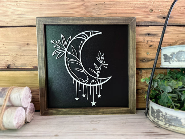 Crescent Moon Square Sign | Farmhouse Home Decor | Moon Star Flowers