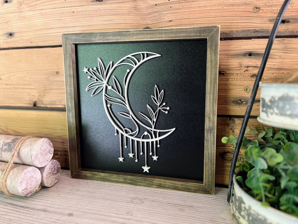 Crescent Moon Square Sign | Farmhouse Home Decor | Moon Star Flowers