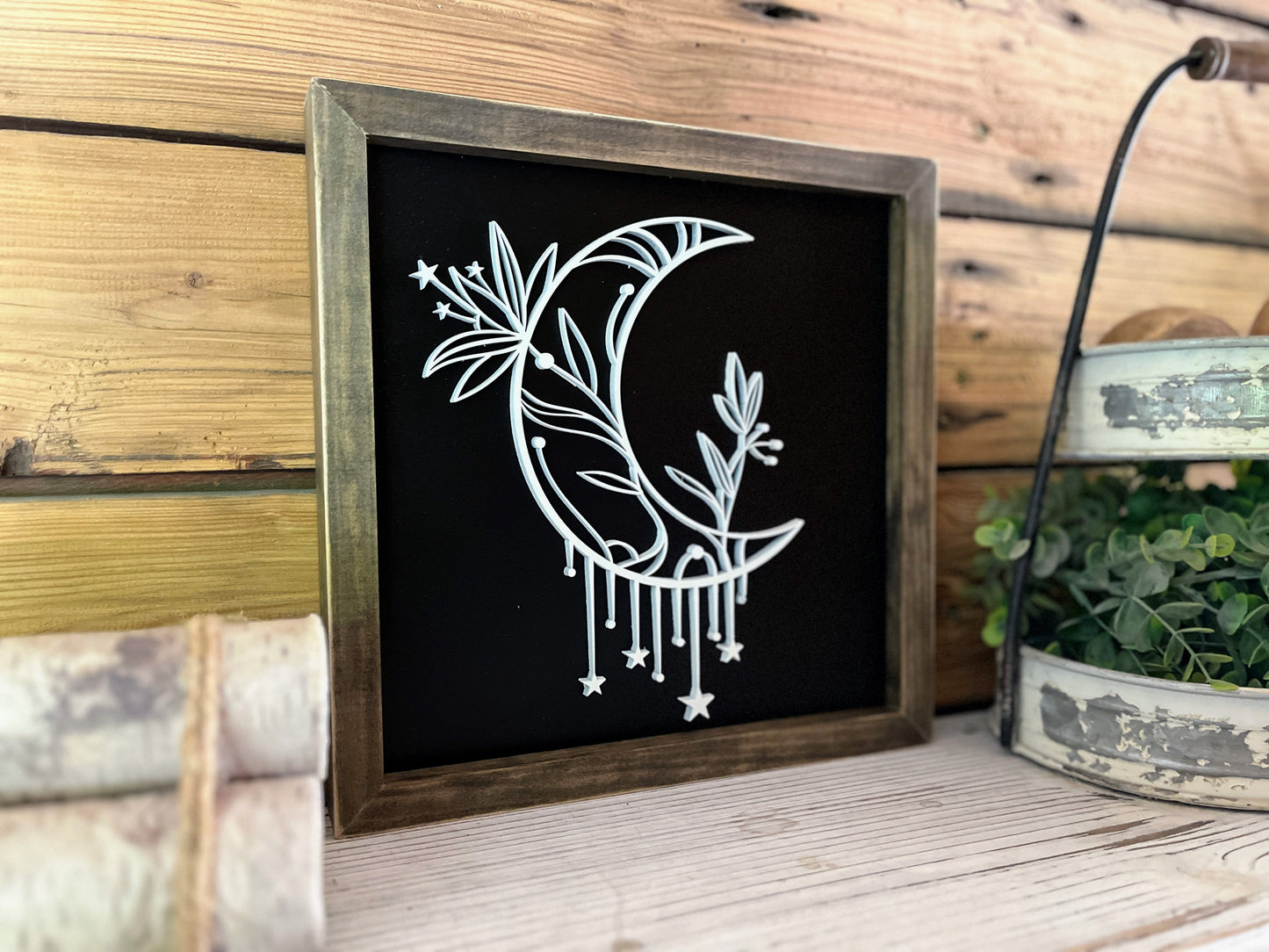Crescent Moon Square Sign | Farmhouse Home Decor | Moon Star Flowers