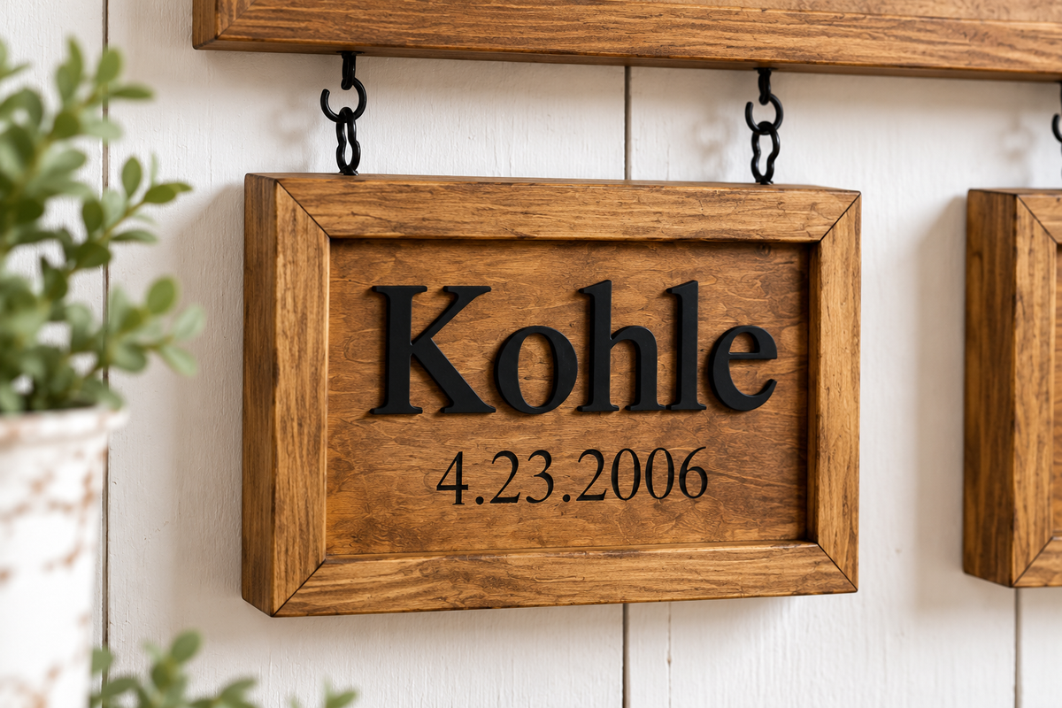 Personalized Family Name Sign with Hanging Children’s Name & Birthdate Signs