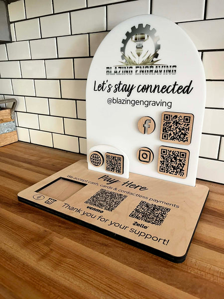 Custom QR Code Display Sign for Small Business | Connect With Us Social Media & Payment Stand | UV Printed Logo Countertop Sign for Markets & Retail Booths