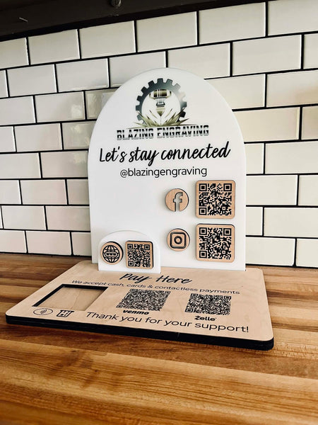 Custom QR Code Display Sign for Small Business | Connect With Us Social Media & Payment Stand | UV Printed Logo Countertop Sign for Markets & Retail Booths