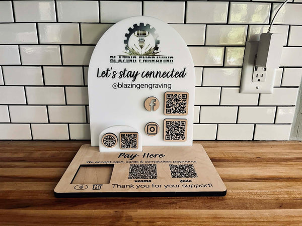 Custom QR Code Display Sign for Small Business | Connect With Us Social Media & Payment Stand | UV Printed Logo Countertop Sign for Markets & Retail Booths
