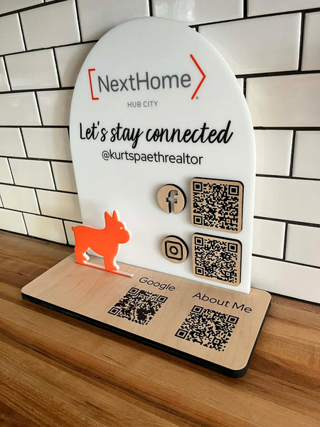 Custom Realtor QR Code Sign with Social Media Links – Open House Marketing Display, Business Branding Sign for Real Estate Agents, Desk or Closing Table Sign