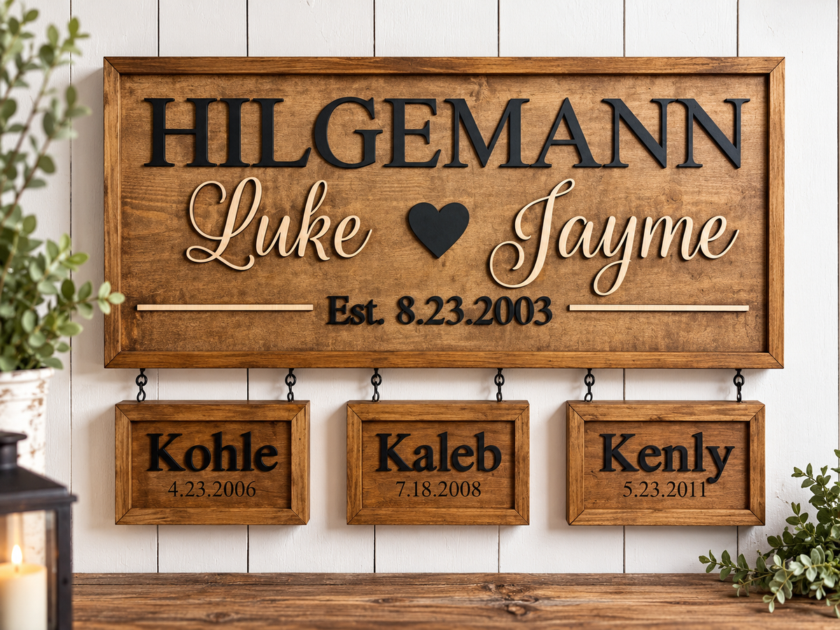 Personalized Family Name Sign with Hanging Children’s Name & Birthdate Signs
