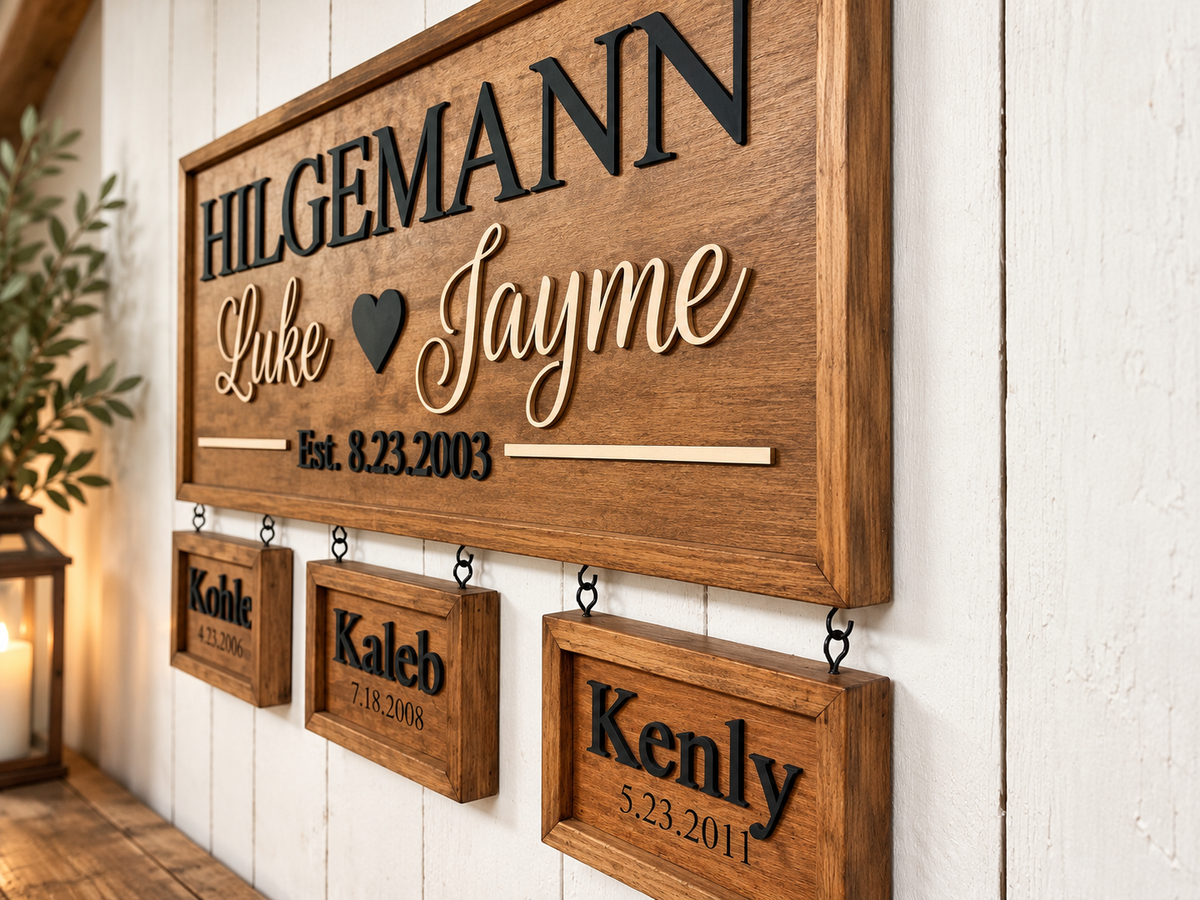 Personalized Family Name Sign with Hanging Children’s Name & Birthdate Signs