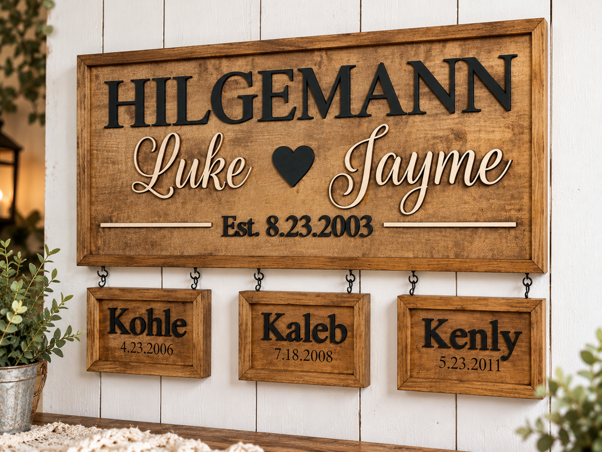Personalized Family Name Sign with Hanging Children’s Name & Birthdate Signs