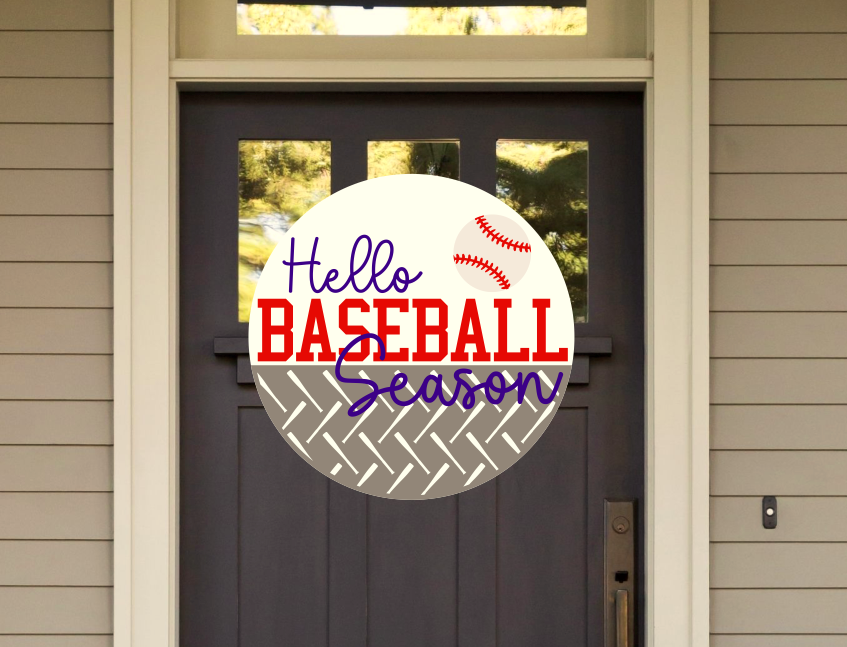 Hello Baseball Season Round Sign | Farmhouse Front Door Sign | Round Welcome Sign