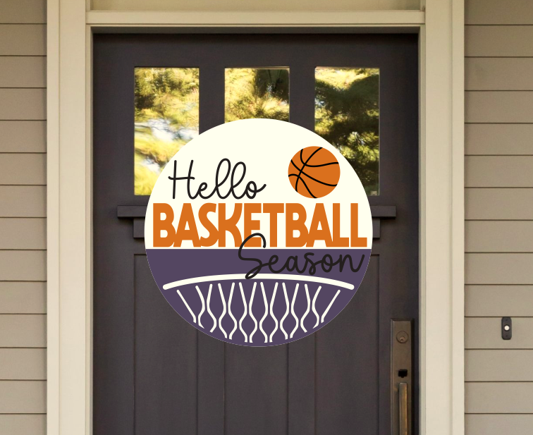 Hello Basketball Season Round Sign | Farmhouse Front Door Sign | Round Welcome Sign