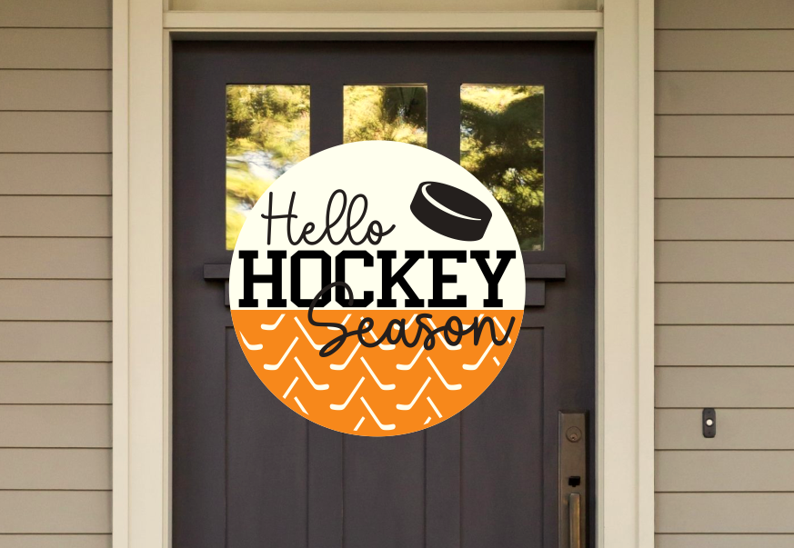 Hello Hockey Season Round Sign | Farmhouse Front Door Sign | Round Welcome Sign