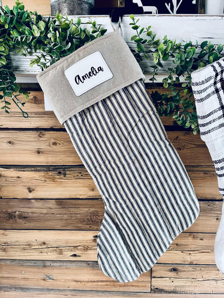 Sawyer Mill Charcoal Ticking Stripe Stocking with Personalized Leather Patch