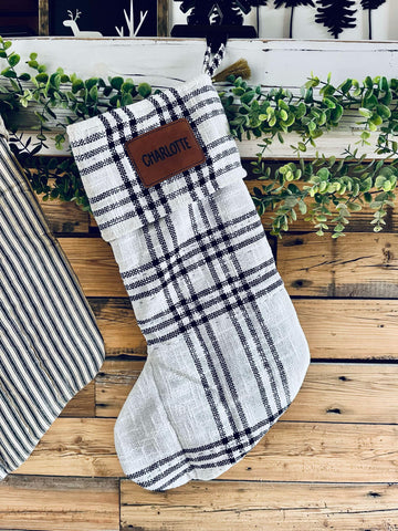 Wintergleam Black White Plaid Stocking with Personalized Leather Patch