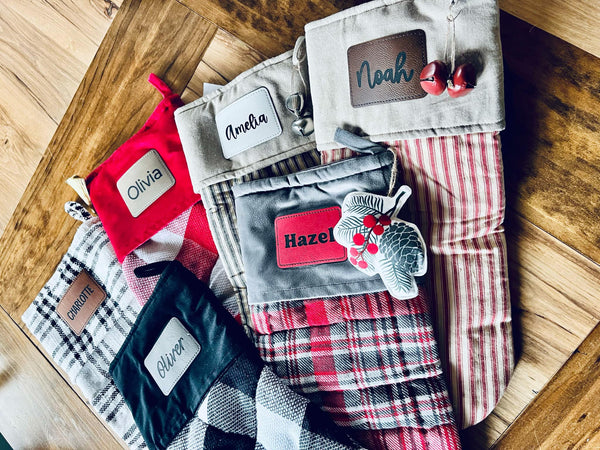 Annie Red Check Stocking with Personalized Leather Patch