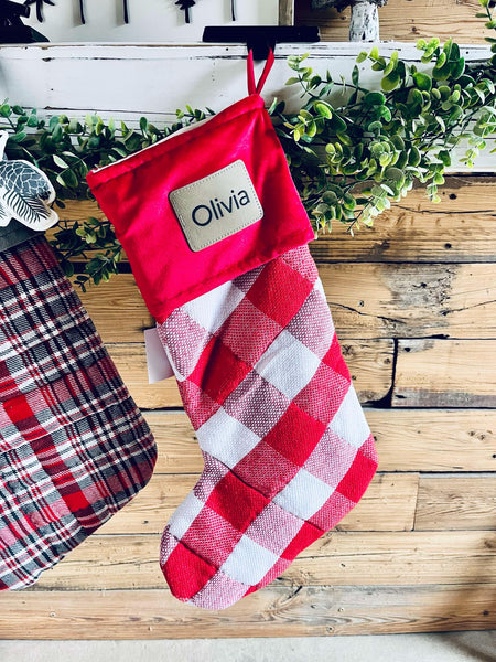 Annie Red Check Stocking with Personalized Leather Patch