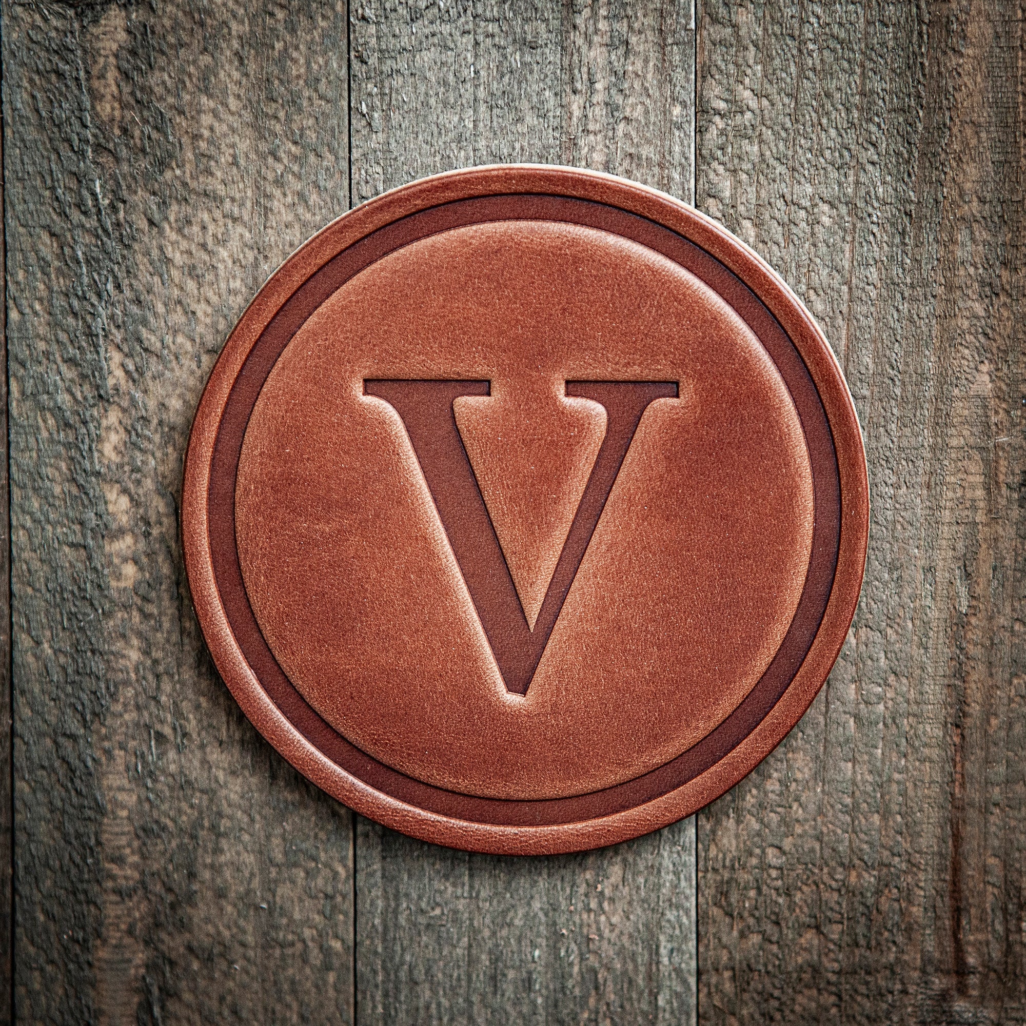 V Monogram Letter Leather Coaster