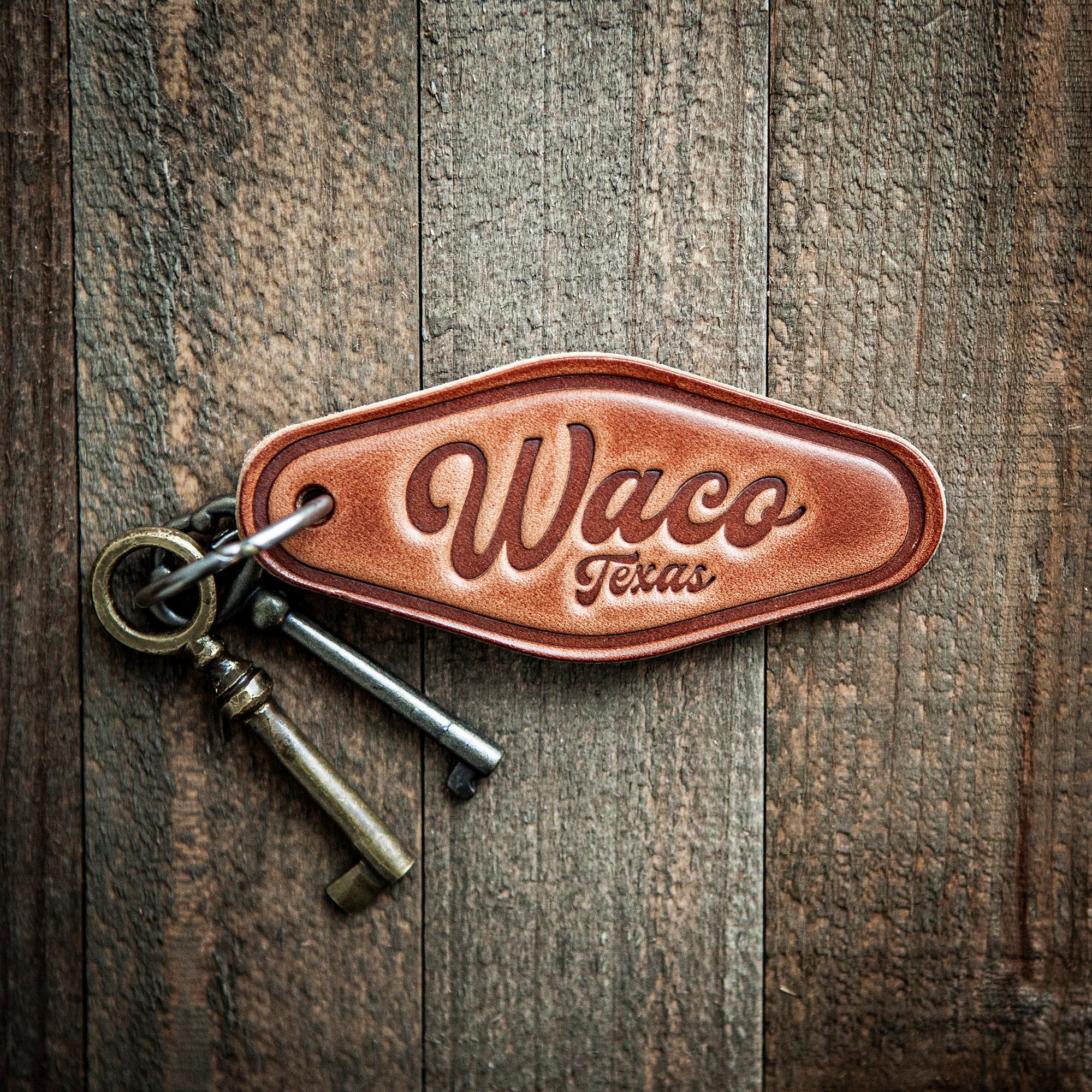 Waco Texas Script Leather Keychain Motel Style