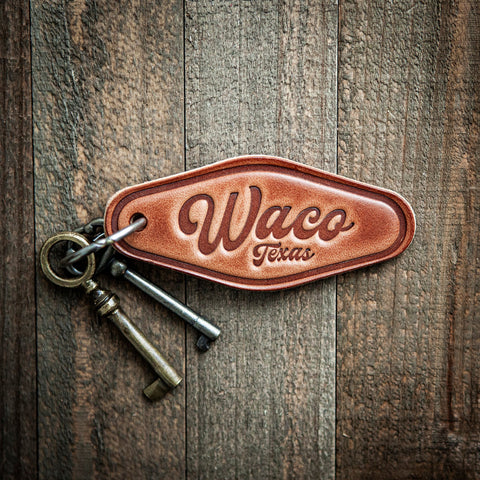 Waco Texas Script Leather Keychain Motel Style