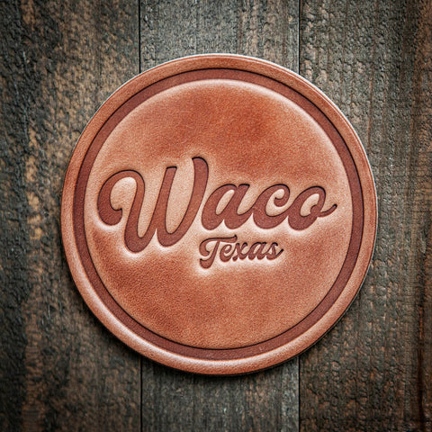 Waco Texas Script Leather Coaster