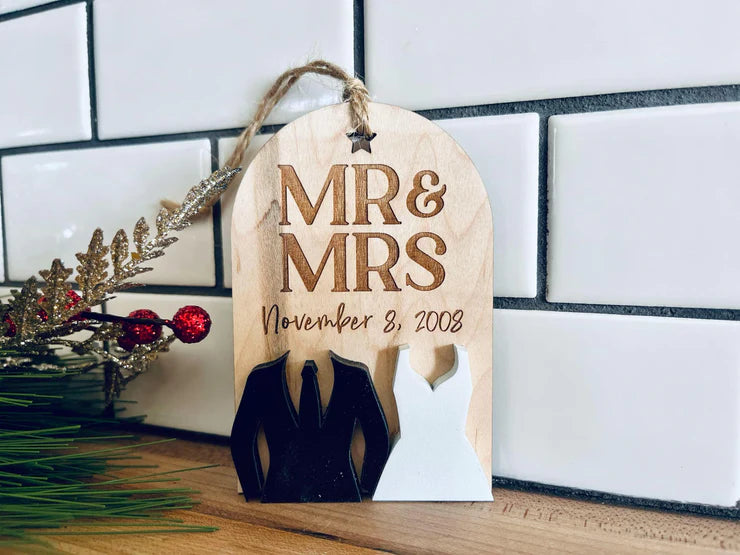 Personalized Wedding Gift Bundle – Custom Family Name Sign, Mr & Mrs Ornament, and Engraved Coasters