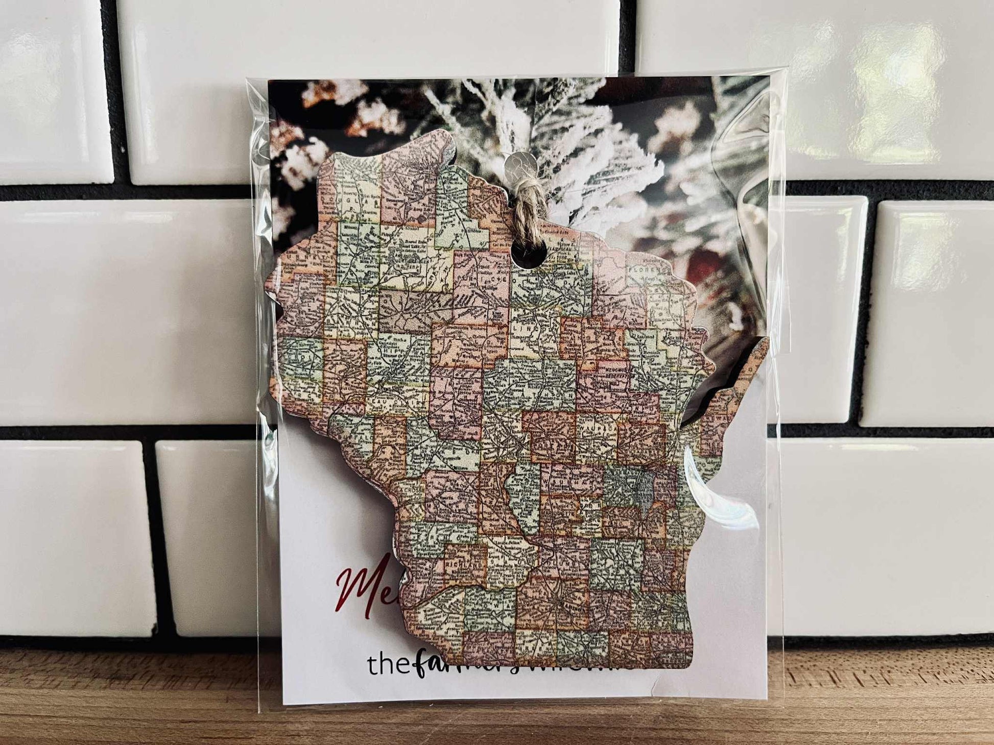 Handmade Wisconsin Christmas ornament with jute string