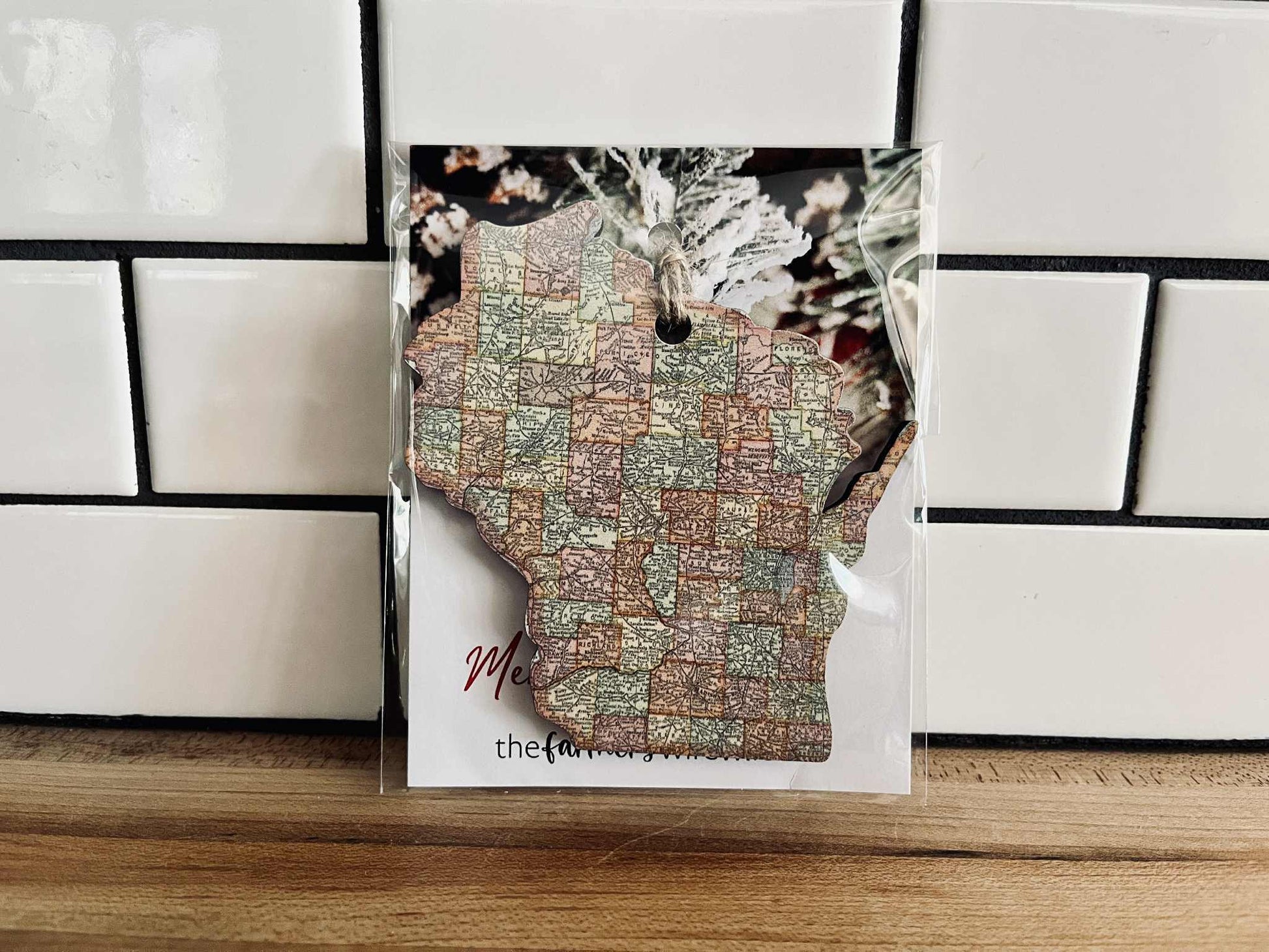 Rustic Wisconsin map ornament made of maple wood