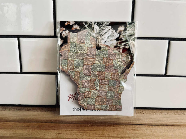 Rustic Wisconsin map ornament made of maple wood