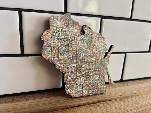 Wisconsin state-shaped ornament with vintage map design