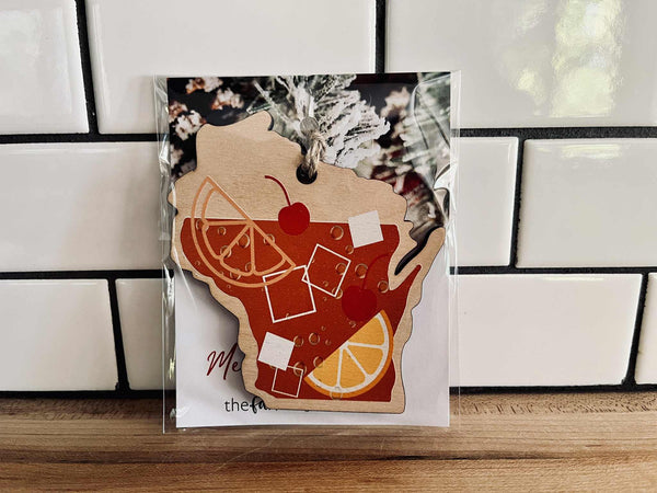 Rustic Wisconsin Christmas ornament with jute string hanger