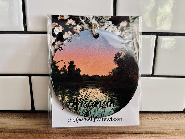 Beautiful UV printed MDF ornament featuring a Wisconsin sunset design. Perfect Midwest cabin décor or Wisconsin gift idea.