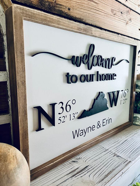 Personalized Welcome Home Sign with GPS Coordinates | Custom Housewarming Gift for New Homeowners | Realtor Closing Gift | Family Name Sign