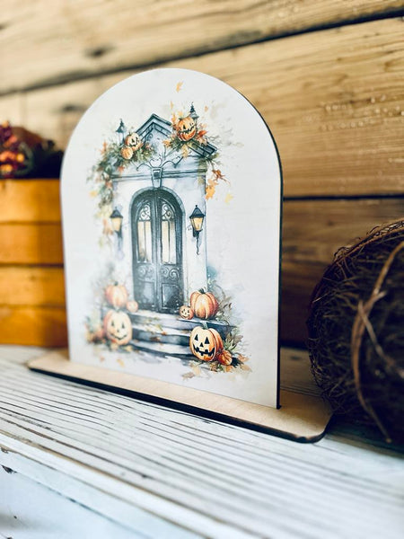 Halloween Porch Decor | Fall Pumpkin Door Sign | UV Printed Wood Arch Shelf Sitter | Farmhouse Halloween Decoration | Autumn Tabletop Decor