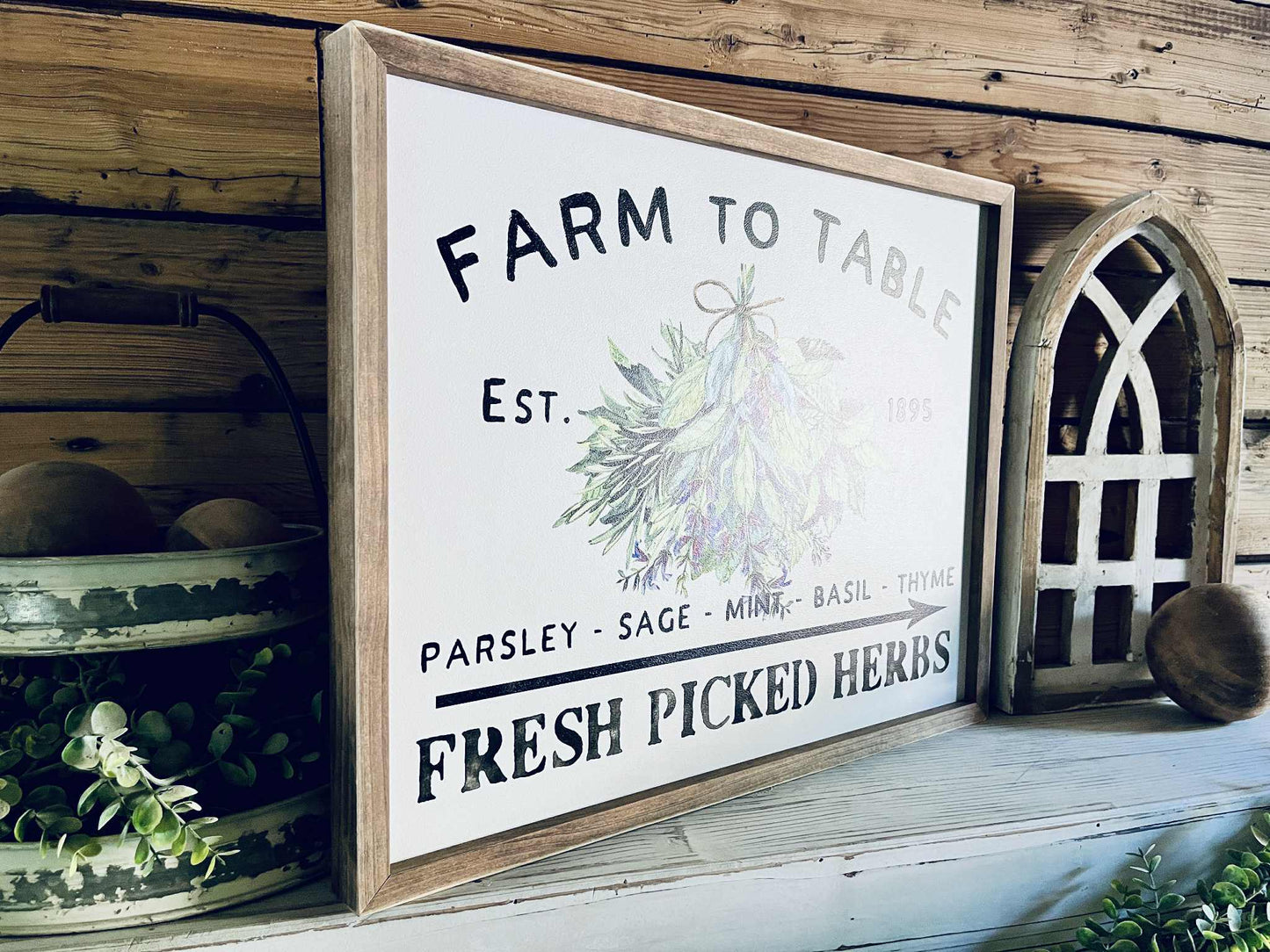 Farm to Table Herb Kitchen Sign Set – Framed Botanical Wall Art – Fresh Picked Herbs, Parsley Sage Mint Basil Thyme – Rustic Farmhouse Kitchen Decor