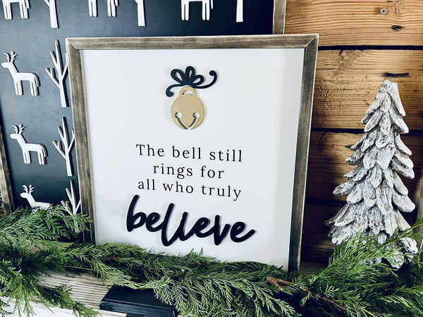 Farmhouse Christmas Believe Sign with Jingle Bell – Holiday Mantel & Wall Decor