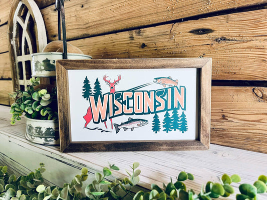 Rustic Wisconsin Wall Art – Framed State Sign with Deer, Fish & Trees – Farmhouse Cabin Decor – Midwest Travel Souvenir – Wisconsin Nature Gift