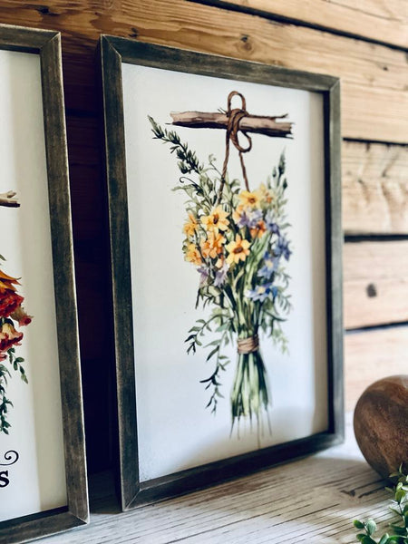 Vintage Flower Market Sign Set – Dried Floral Wall Art – Botanical Farmhouse Decor – Framed Herb Bouquet Prints – Kitchen or Garden Art