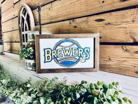 Farmhouse Baseball Wall Art – ‘Brewers’ Sign with Beer Mug and Bat Design, Framed Sports Decor for Man Cave or Game Room, Wisconsin Fan Gift