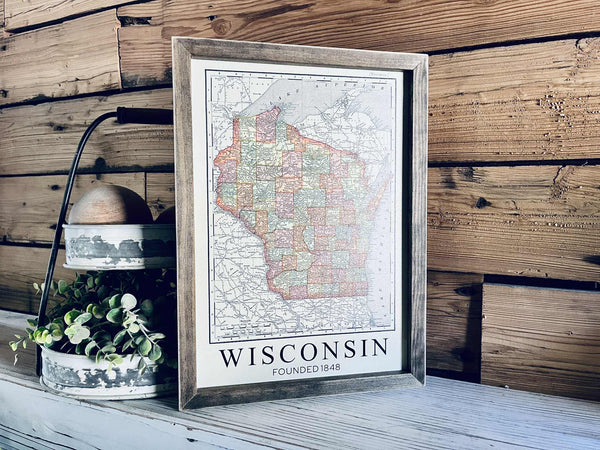 Vintage Wisconsin Map Sign – Framed State Wall Art – Wisconsin Decor – Founded 1848 – Rustic Farmhouse Style
