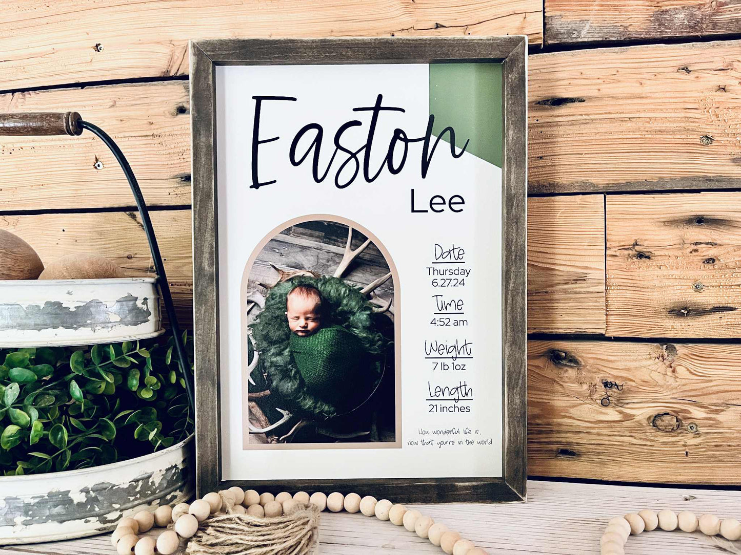 Framed 12x16 newborn photo printed on wood with birth statistics