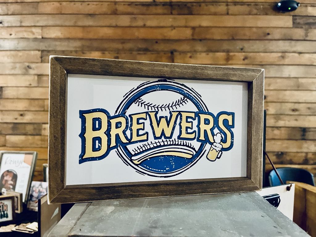 Farmhouse Baseball Wall Art – ‘Brewers’ Sign with Beer Mug and Bat Design, Framed Sports Decor for Man Cave or Game Room, Wisconsin Fan Gift