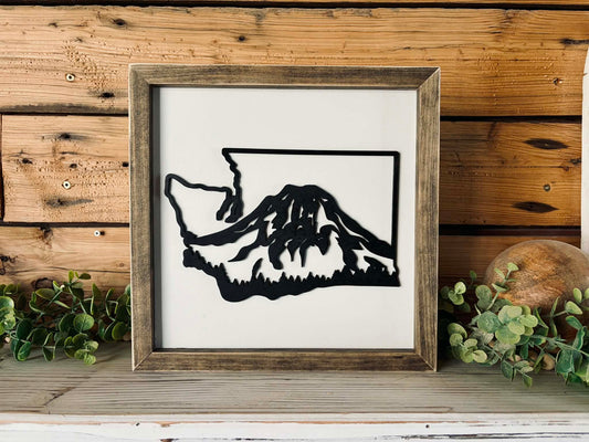 2x12 Mount Rainier Washington state wood sign with Jacobean frame on white background