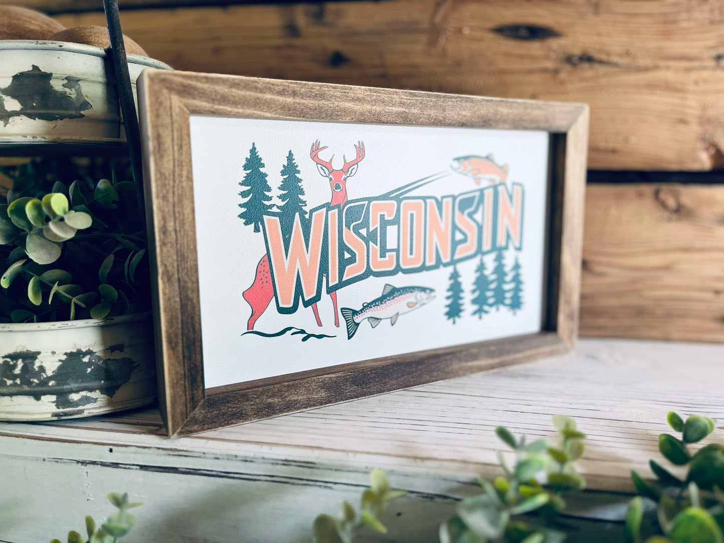 Rustic Wisconsin Wall Art – Framed State Sign with Deer, Fish & Trees – Farmhouse Cabin Decor – Midwest Travel Souvenir – Wisconsin Nature Gift