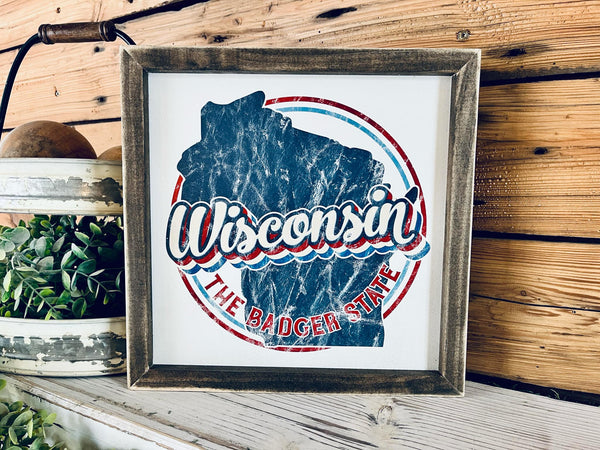 Vintage Wisconsin Wall Sign | The Badger State Decor | Square Wooden UV Printed Design