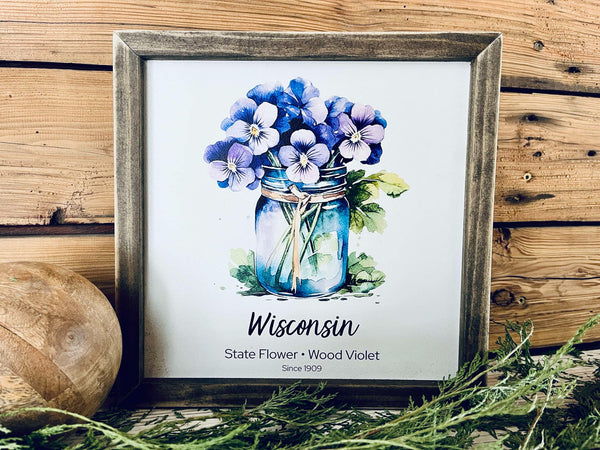 Wisconsin State Flower Wood Sign – Wood Violet Wall Art – Rustic Framed Botanical Print – Farmhouse Decor – State Pride Gift